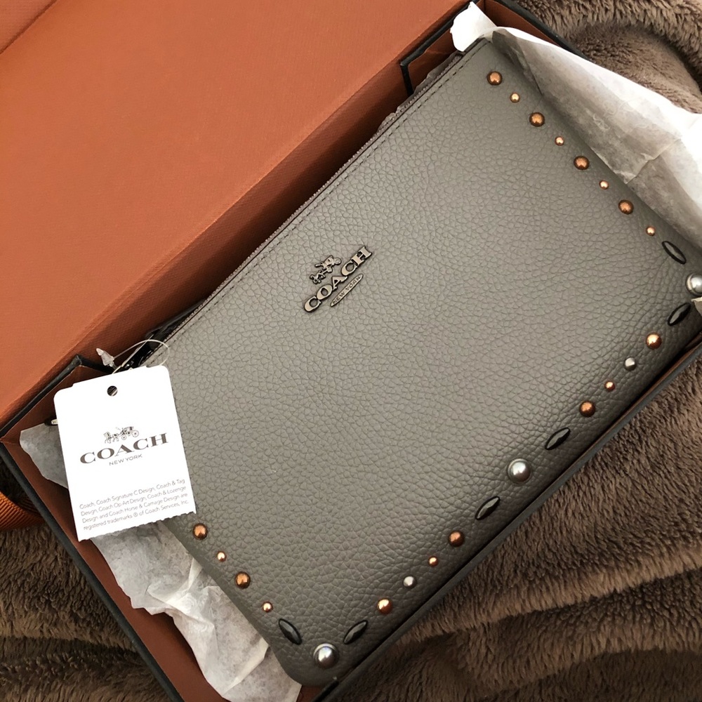 Coach Gray Pebbled Leather Studded Wristlet